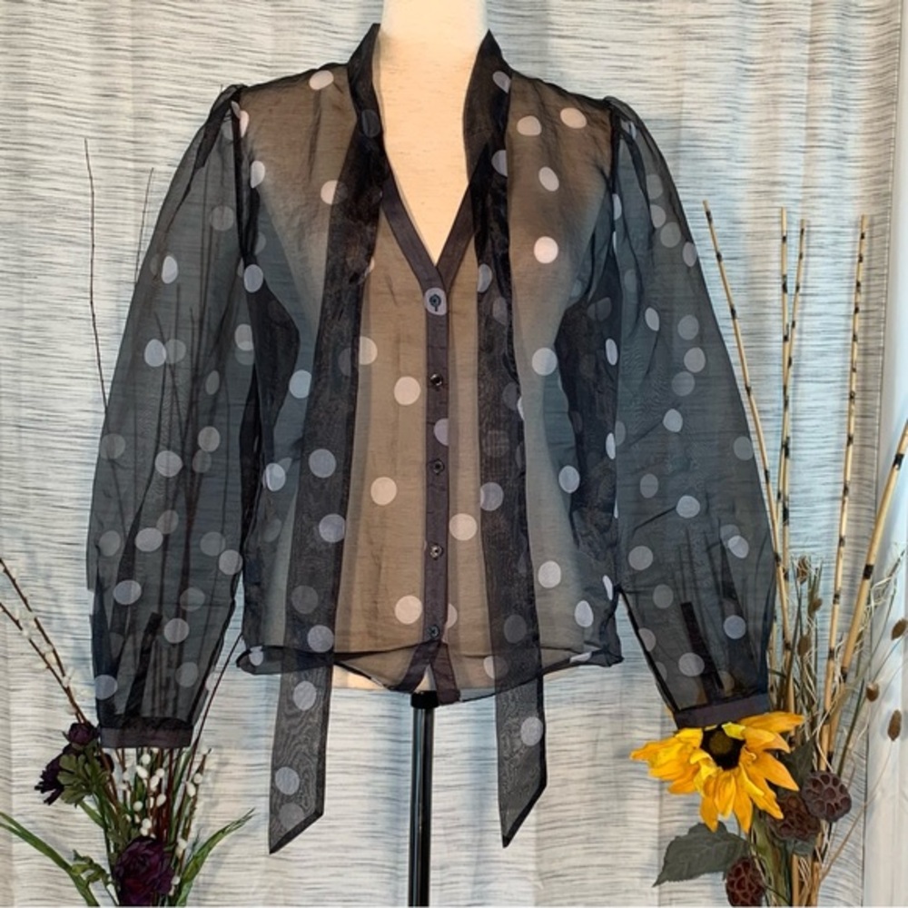 White House Black Market black and white polka-dots mesh see-through blouse. - Picture 2 of 16
